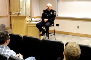 Lt. Arnold Lemmon speaking to students about active shooters (Brynn Dew).