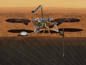 FILE - This August 2015 artist's rendering provided by NASA/JPL-Caltech depicts the InSight Mars lander studying the interior of Mars. On Wednesday, March 9, 2016, NASA said it's shooting for a 2018 launch of the InSight spacecraft. The robotic lander was supposed to lift off in March 2016, but was grounded in December by a leak in a French instrument. Project managers said the device should be redesigned in time. (NASA/JPL-Caltech via AP)