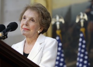 FILE - In this June 3, 2009, file photo, former first lady Nancy Reagan speaks in the Capitol Rotunda in Washington, during a ceremony to unveil a statue of President Ronald Reagan. The former first lady has died at 94, The Associated Press confirmed Sunday, March 6, 2016. (AP Photo/Alex Brandon, File)