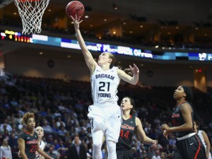 Lexi Rydalch goes up for two of her 26 points against Pepperdine. The Cougars will next play Santa Clara. (BYU Photo)