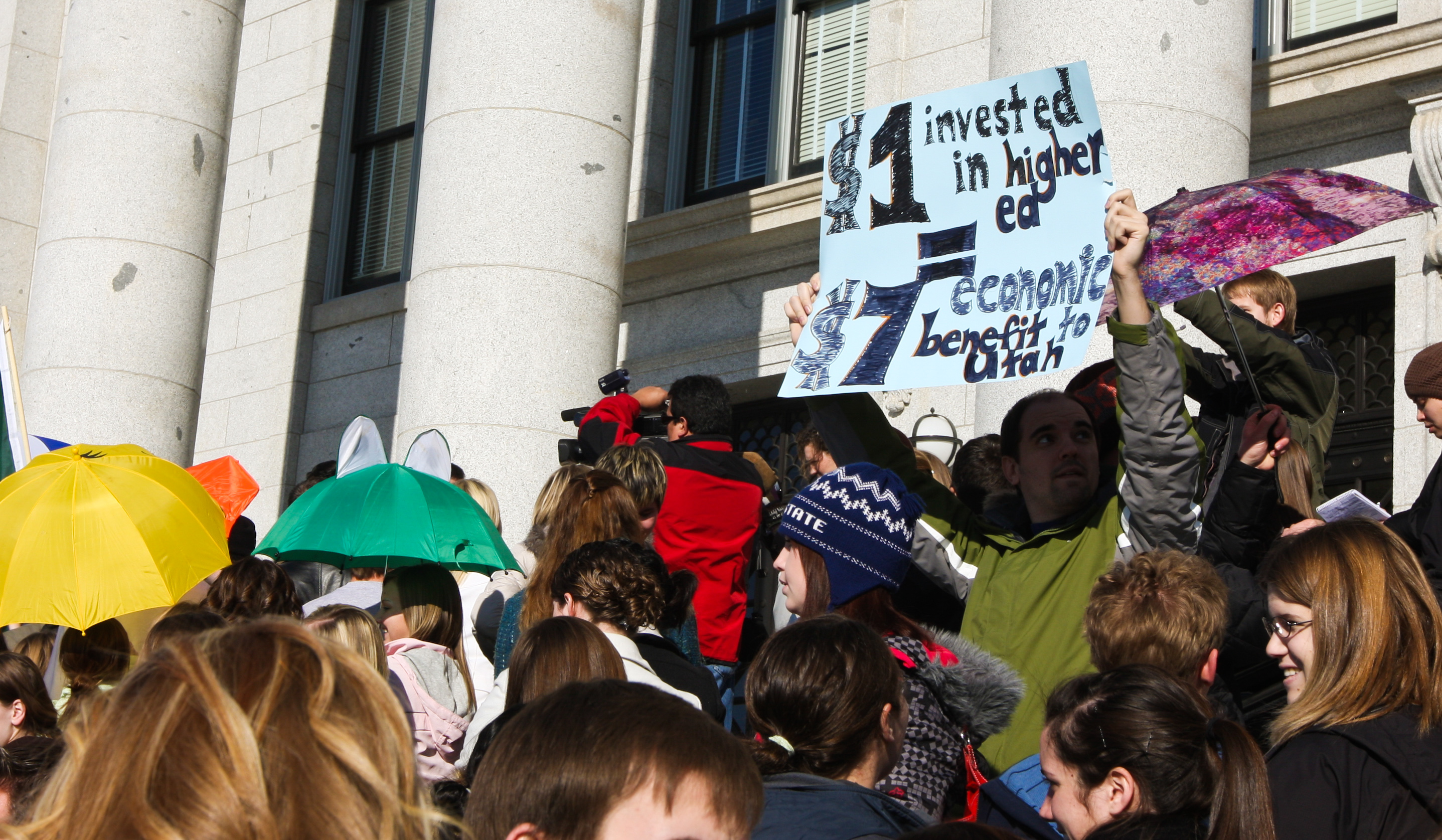 Protestors gather on the steps of the Utah State Capitol Building. (David Scott, 2009)