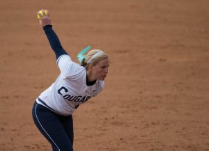 McKenna Bull pitches earlier this season. Bull collected two wins and a save in the Cougars' sweep of Pacific. (Ari Davis)