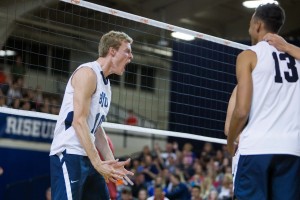 Junior Jake Langlois celebrates after a Cougar point against USC. BYU is 23-3 on the season. (Ari Davis)