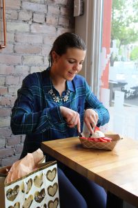 BYU student Lindsay Bush making plans for Mother's Day at Bruges Waffles & Frites
