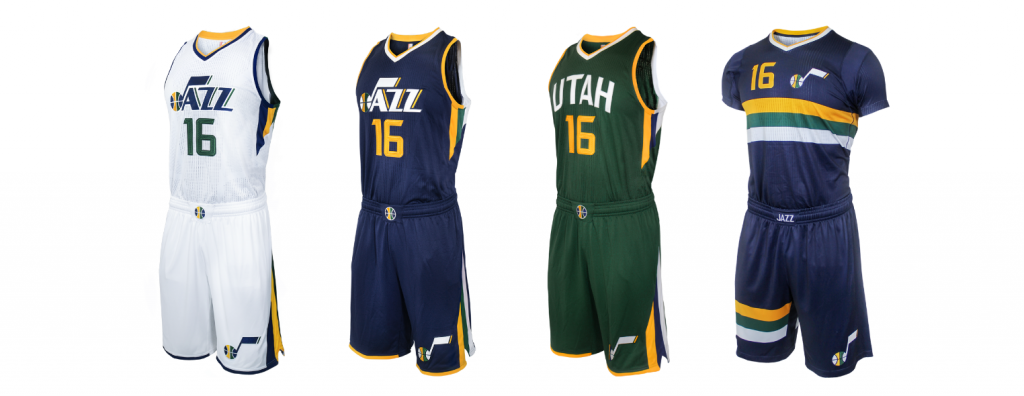 From left: The home, away, alternate away and pride uniforms for the Jazz's 2016-17 season. (Utah Jazz)