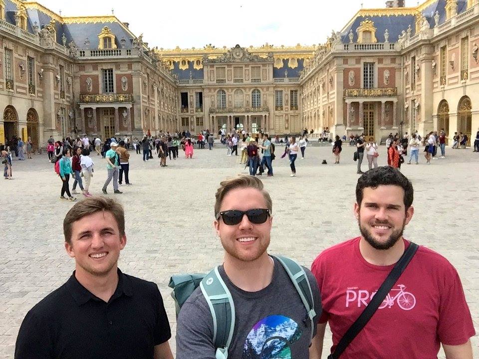 BYU students Dean Stimpson, Lincoln Wilcox and Matt Wilcox in Versailles, France. (Lincoln Wilcox)