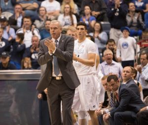 BYU men's basketball head coach Dave Rose looks on last season. The Cougars will play in the inaugural State Farm Chicago Legends event on Dec. 17, 2016. (Ari Davis)