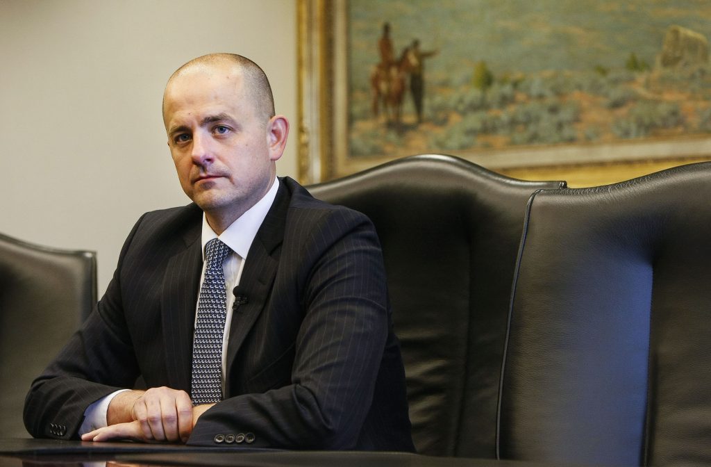Evan McMullin, who's running for as an independent presidential bid, talks with the Deseret News and KSL editorial board in Salt Lake City on Wednesday, Aug. 10, 2016. (Weston Kenney/The Deseret News via AP)