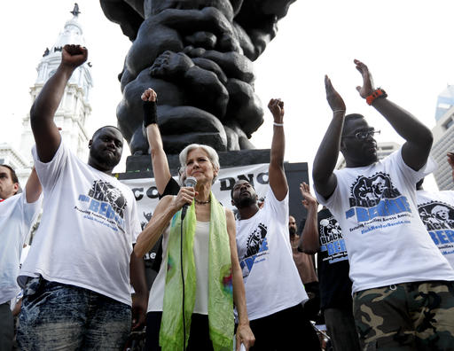 Dr. Jill Stein, presumptive Green Party presidential nominee, speaks at a rally in Philadelphia, Wednesday, July 27, 2016, during the third day of the Democratic National Convention. (AP Photo/Alex Brandon)