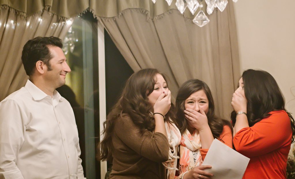 (Left to right) Cliff, Francesca, Lucia and Martha Montagnoli react when Lucia opened her mission call to the Italy Milan mission, the same mission as her sister and same country as both parents. (Lucia Montagnoli)