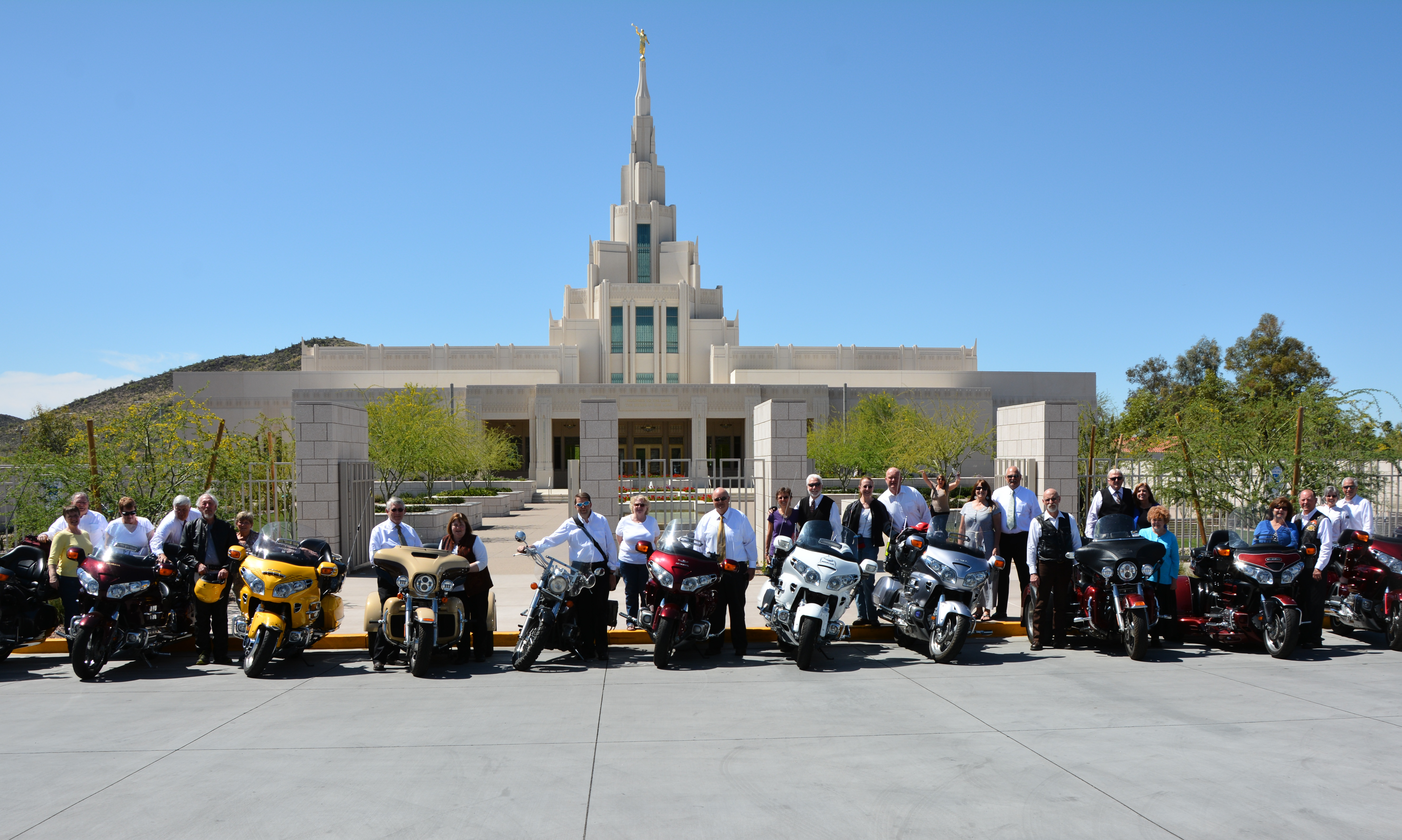 Members of the Temple Riders Association congregate outside of the Phoenix Arizona LDS Temple. The association is a group of motorcyclists who travel to temples throughout the U.S. and Canada and live standards of The Church of Jesus Christ of Latter-day Saints.