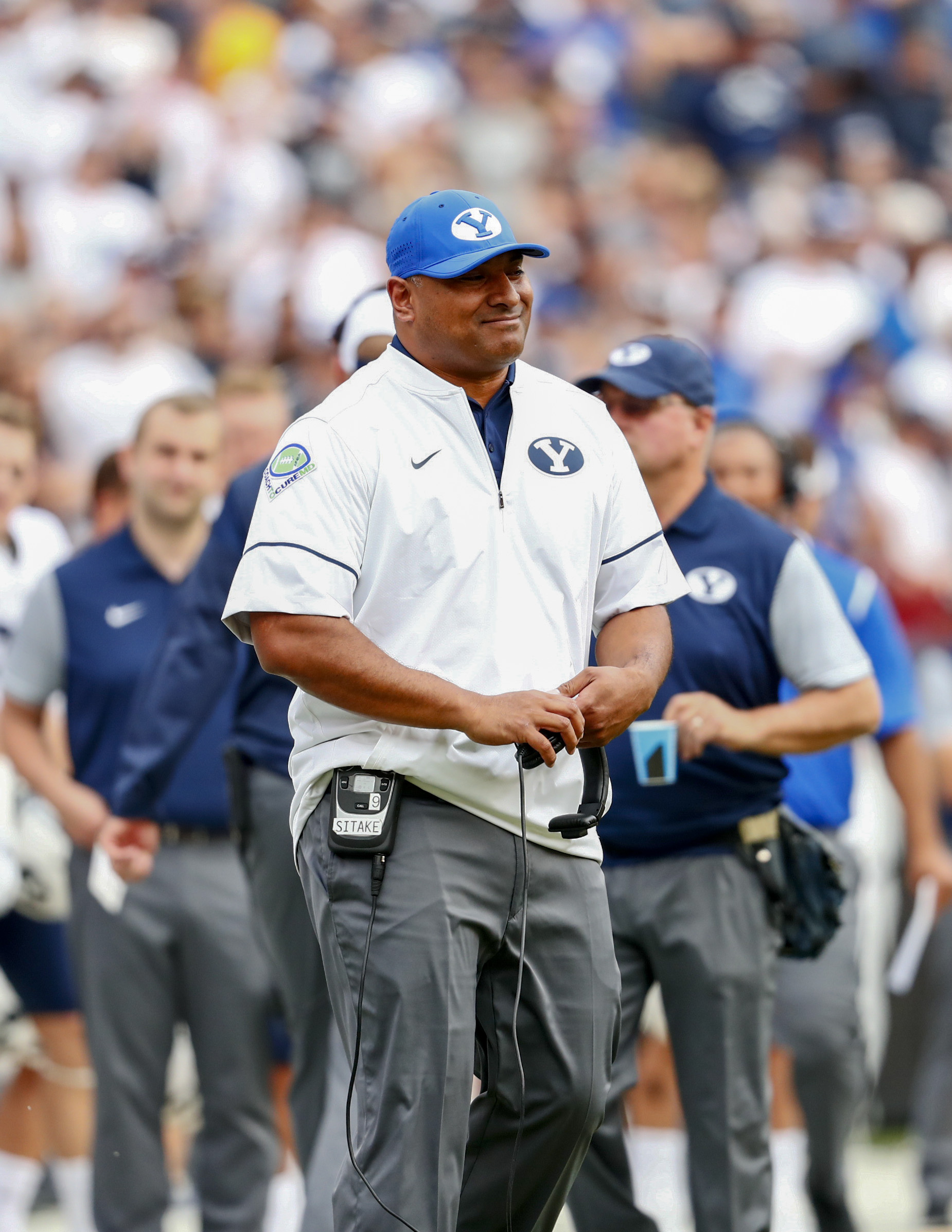 BYU head coach Kalani Sitake watches the game from the sidelines. Sitake's Cougars lost 35-32. (BYU Photo)