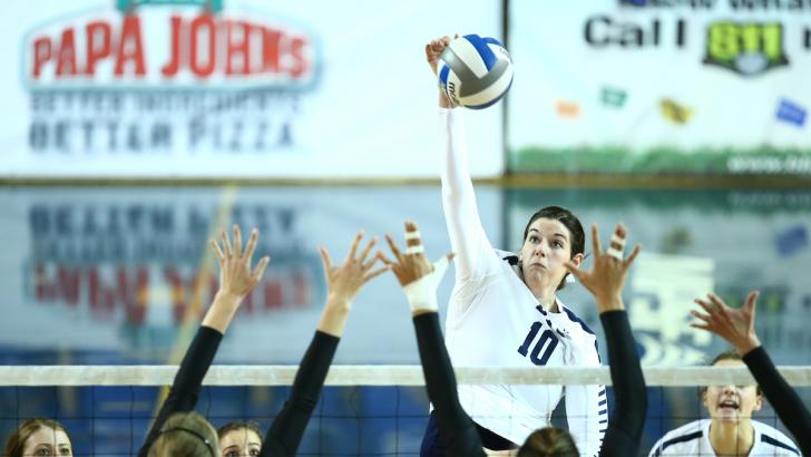 Amy Boswell spikes the ball last season. Boswell led the Cougars over Pepperdine. (BYU Photo)