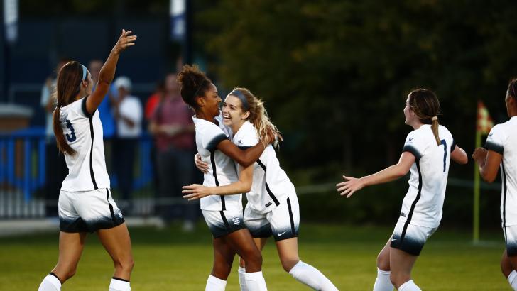 The BYU women's soccer team celebrates after scoring a goal against Ohio State on Monday night. (BYU Photo)