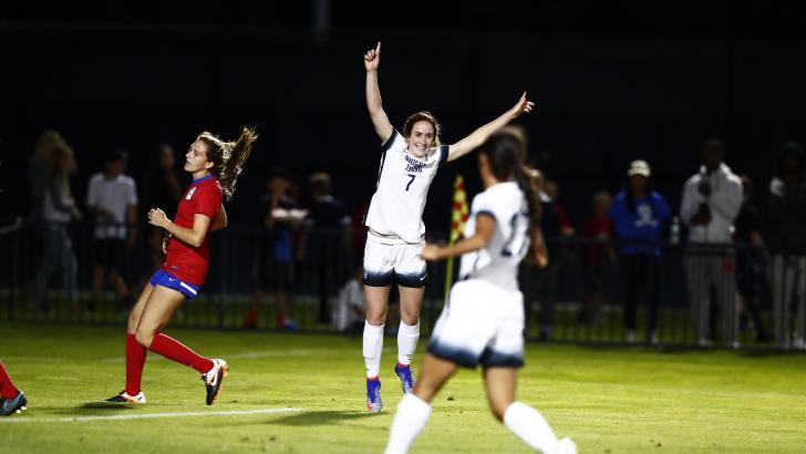 Michele Vasconcelos celebrates after scoring a goal against SMU. Vasconcelos, a senior captain, scored two goals in BYU's 4-0 win. (BYU Photo)