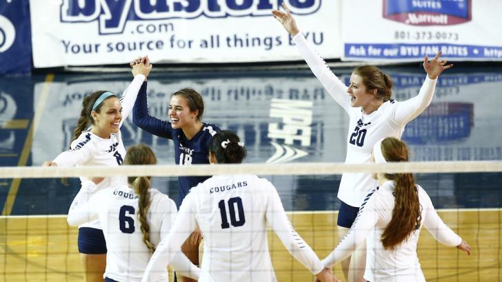 The BYU women's volleyball team celebrates after scoring a point at the DC Sports Koehl Classic. (BYU Photo)