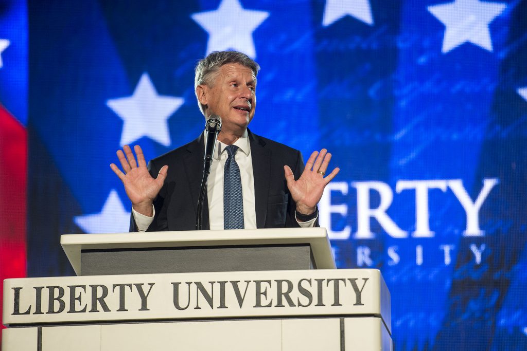 Libertarian candidate for president Gary Johnson gestures while delivering remarks at Liberty University on Monday, Oct. 17, 2016 in Lynchburg, Va. (Jay Westcott/The News & Advance via AP)