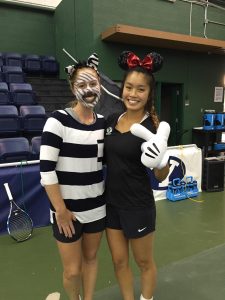 Savannah Ware (left) and Nicolette Poulsen (right) dress up for Halloween at BYU Womens Tennis practice.
