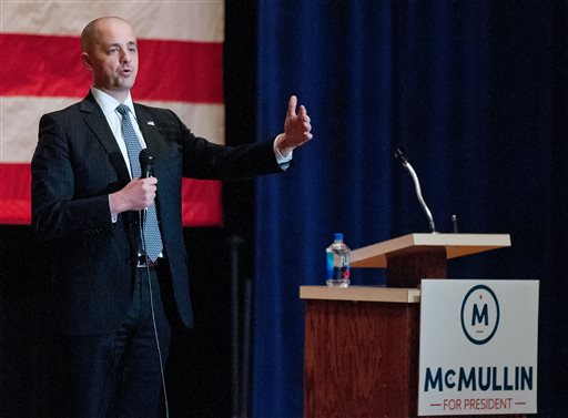 In this Wednesday, Oct. 12, 2016 photo, Evan McMullin, a conservative independent presidential candidate, speaks at a town hall meeting in Logan, Utah. (Eli Lucero/The Herald Journal via AP)