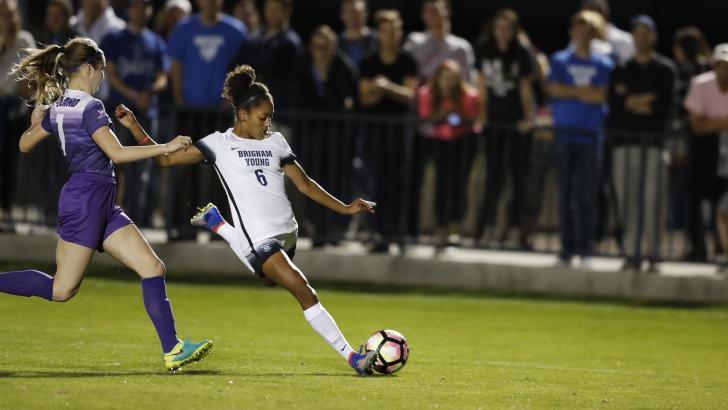 Nadia Gomes shoots the ball against the Pilots. Gomes scored her fifth goal on Saturday night. (BYU Photo)