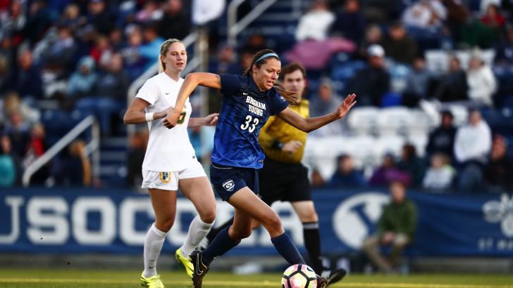 Ashley Hatch dribbles the ball against San Francisco. Hatch finished with a hat trick. (BYU Photo)