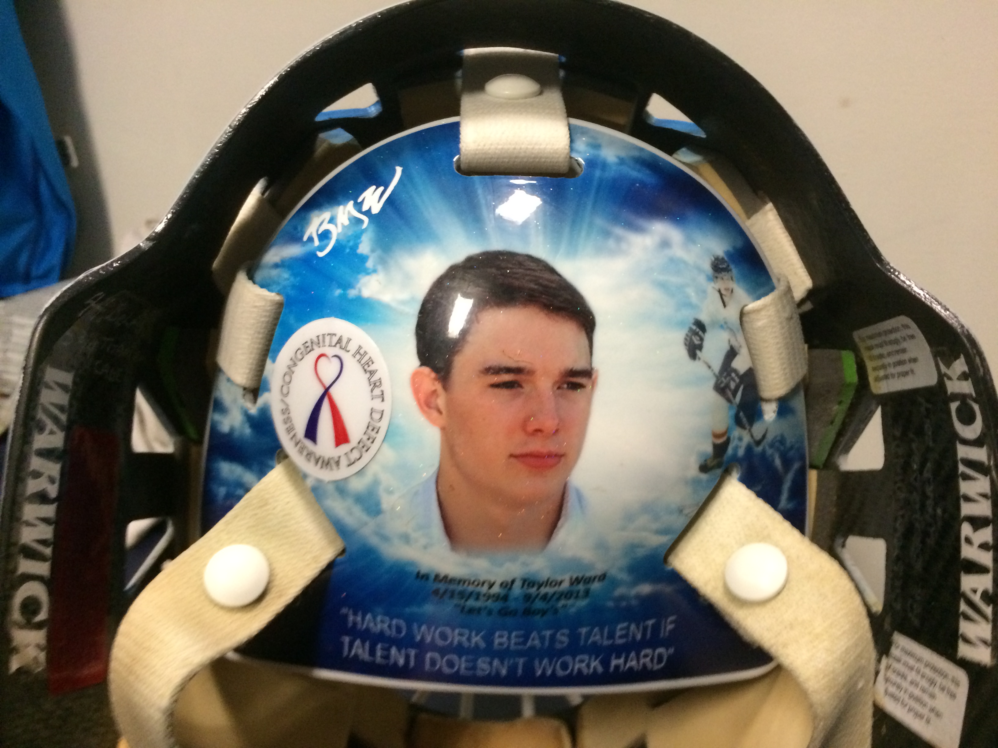 BYU goalie Brandon Ward's helmet commemorates his late brother, Taylor, who was killed in a car accident. (Brandon Ward)