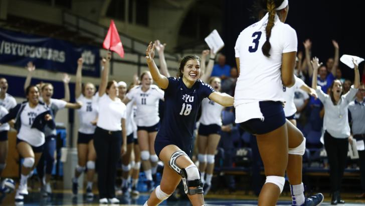 Mary Lake celebrates after a Cougar point. BYU is now 19-3 on the season. (BYU Photo)