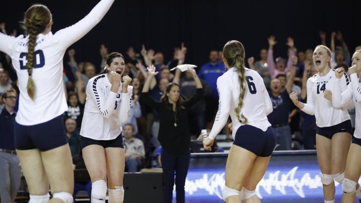 The Cougars celebrate after scoring a point against San Diego. The Cougars defeated the Toreros on Friday night. (BYU Photo)