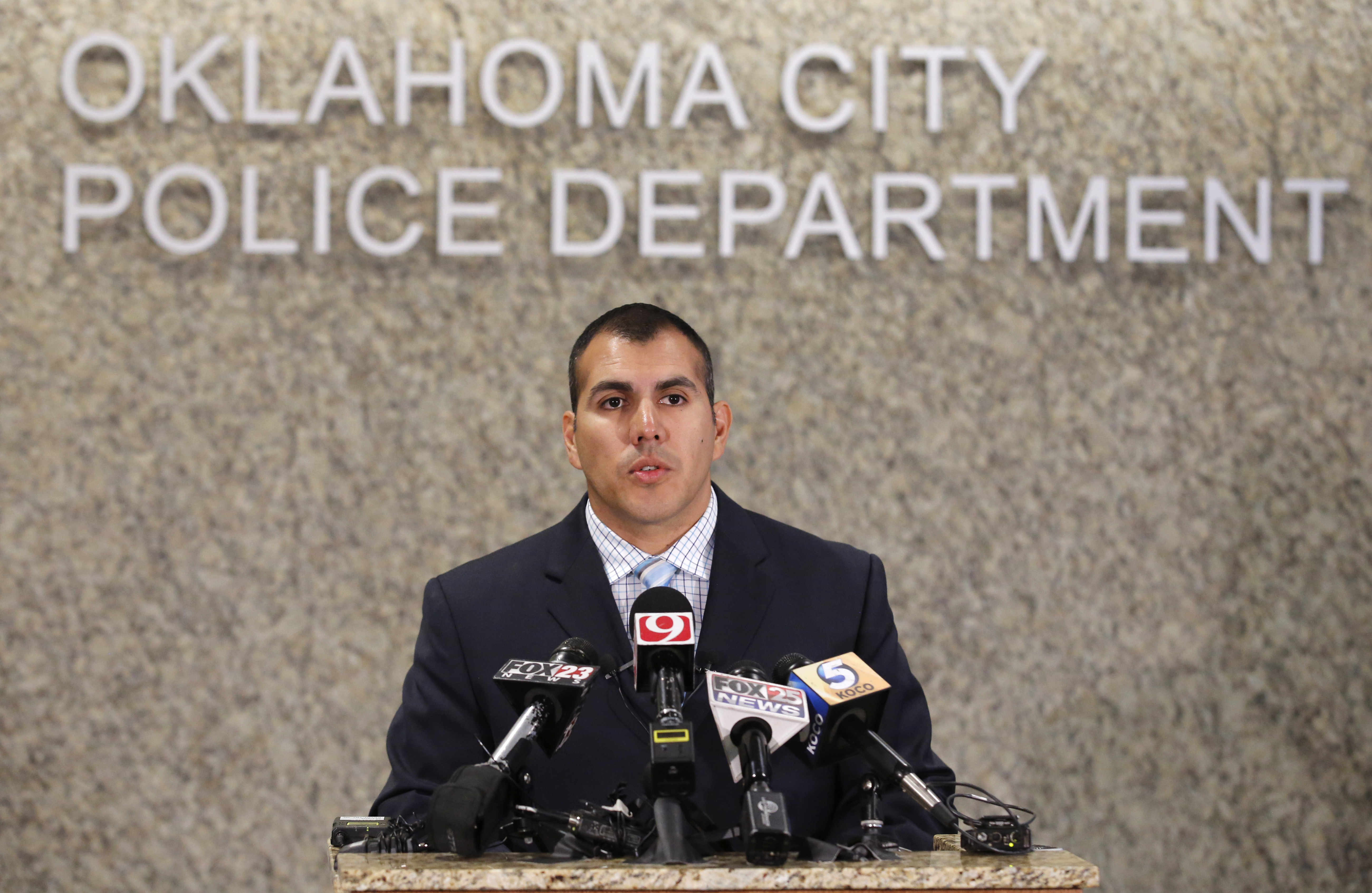 Oklahoma City Police Capt. Paco Balderrama briefs reporters about the fatal shooting Tuesdayat Oklahoma City's Will Rogers World Airport Wednesday Nov. 16, 2016. Police say the man accused of fatally shooting an Oklahoma City airport employee used to work for Southwest Airlines and that the attack was likely in retaliation for circumstances that led to the attacker's 2015 resignation. Balderrama identified the shooter as Lloyd Dean Buie, of Oklahoma City. (Steve Gooch/The Oklahoman via AP)