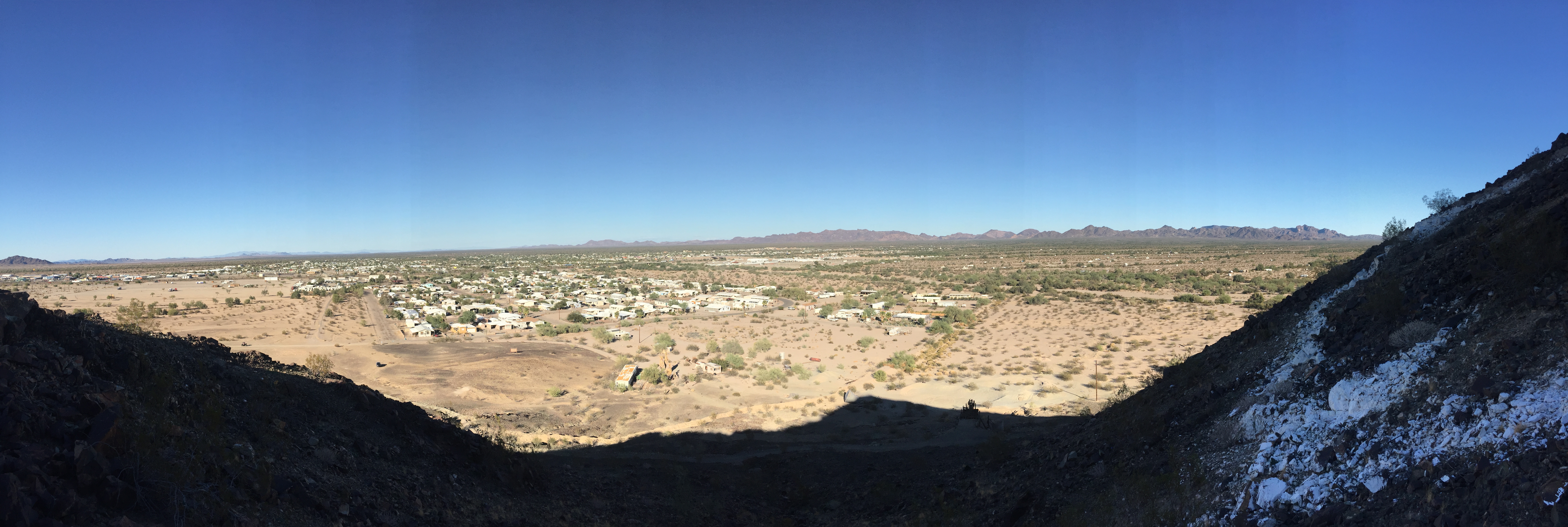 The view of Quartzsite from Q Mountain. According to the 2010 census, the population is 3,677. 