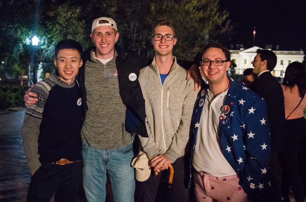 Students from American University in Washington D.C. wait for election results at Lafayette Square. (Maddi Driggs)