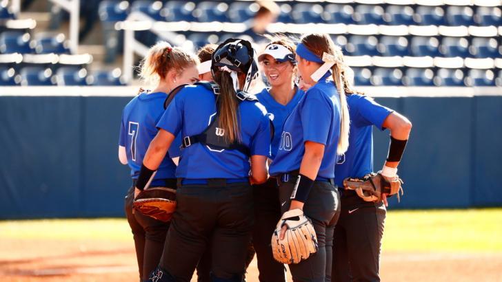 The BYU softball team huddles before one of its fall games against Southern Utah. The Cougars released their 2017 schedule. (BYU Photo)