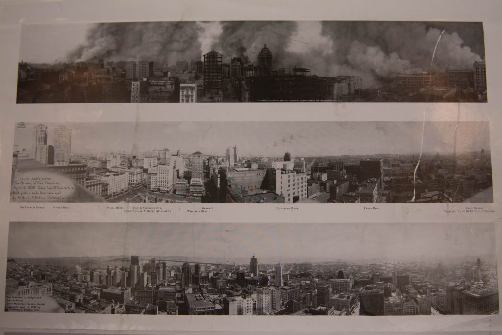 These panoramic photographs show San Francisco before and after the 1906 earthquake. Pillsbury invented the panoramic camera. (Ryan Turner)