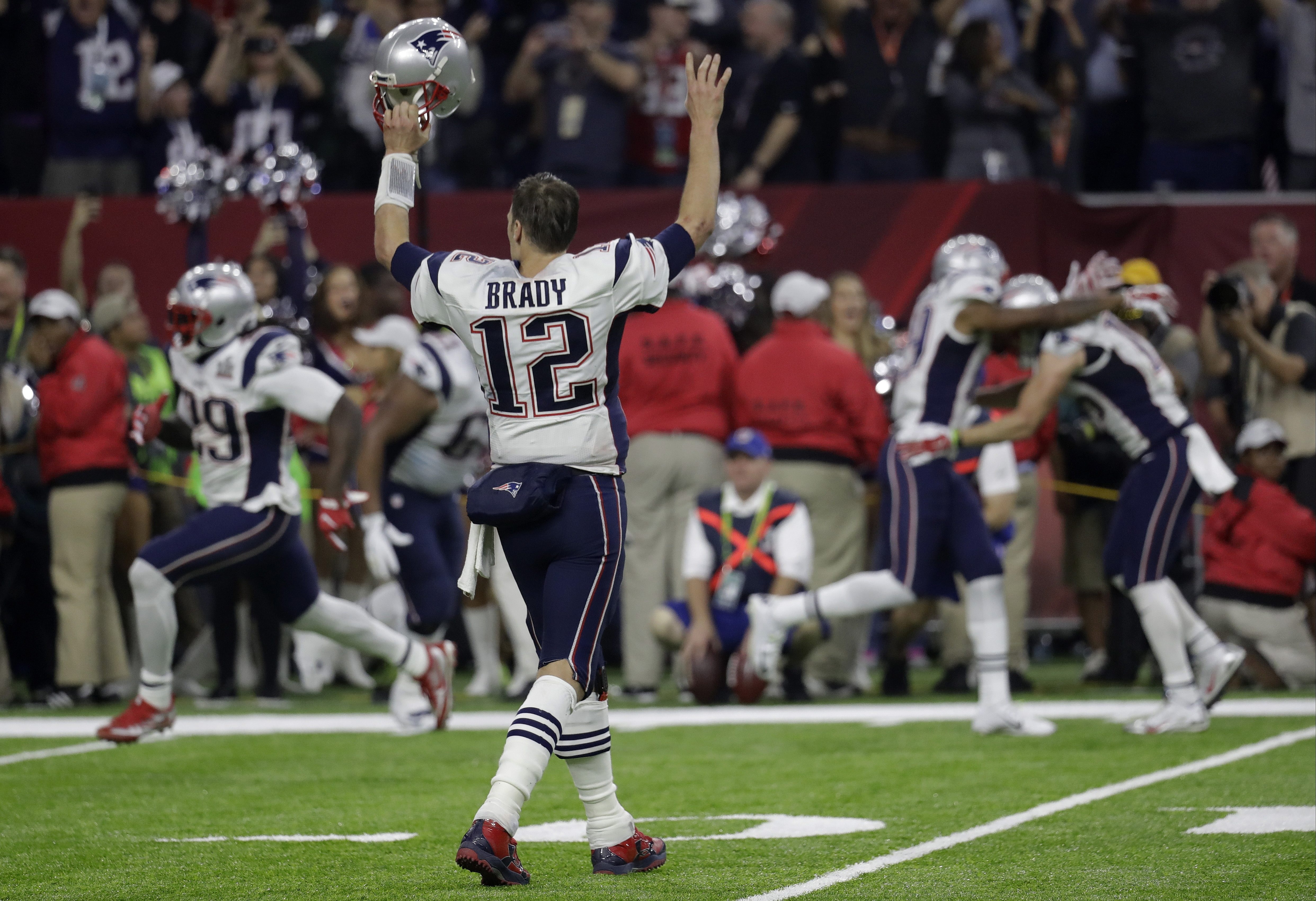New England Patriots' Tom Brady reacts after winning the NFL Super Bowl LI against the Atlanta Falcons in overtime. The Patriots won 34-28. (AP Photo)