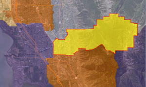 The yellow area with red borders represents Dean Sanpei's area of representation, District 63. BYU's campus is in the exact middle of the picture.
