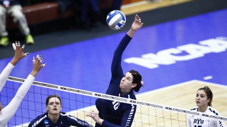 Amy Boswell strikes the ball against Texas. Boswell and the Cougars fell to the Longhorns in the Sweet 16. (BYU Photo)