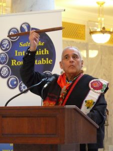First Nation Representative Lacee Harris explained the Peace Pipe at the Capitol Blessing Event. (Courtesy of Wendy Stovall)