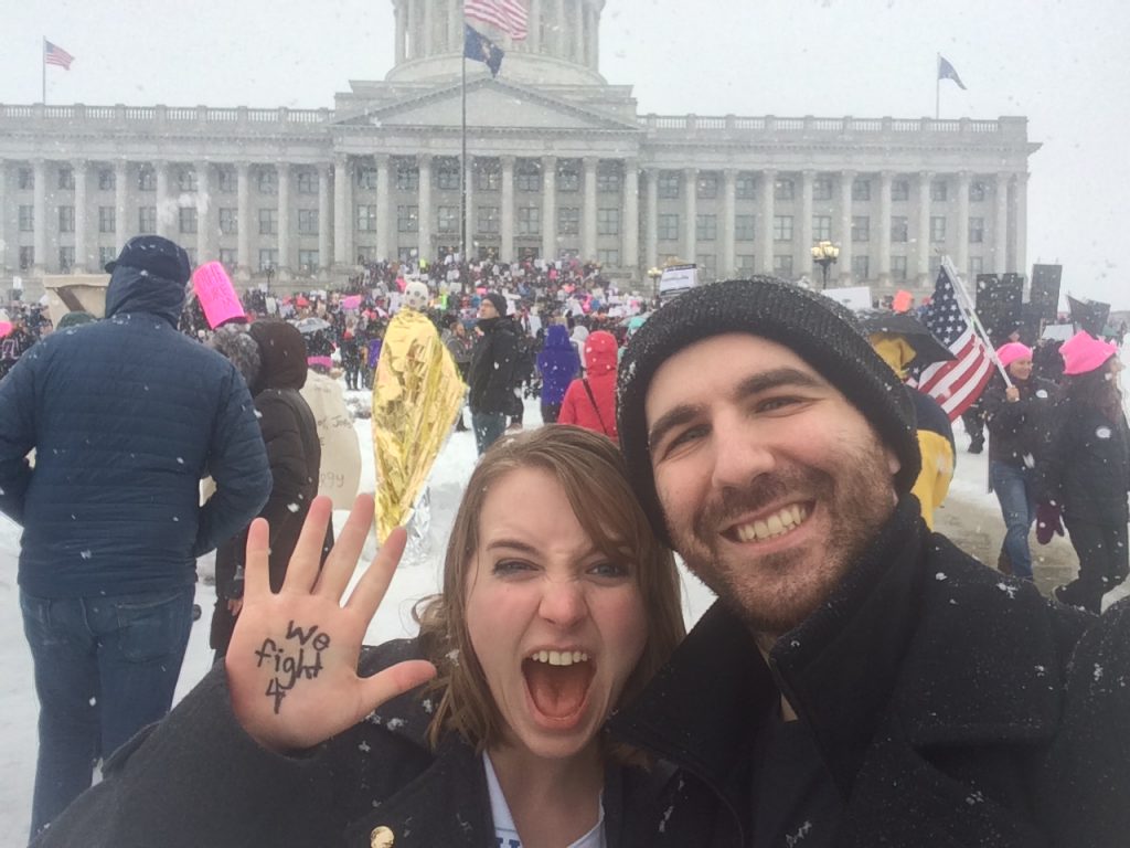 Sam Clemence and Elise Basset join the crowd of marchers at the Utah Capitol Building. (Sam Clemence)