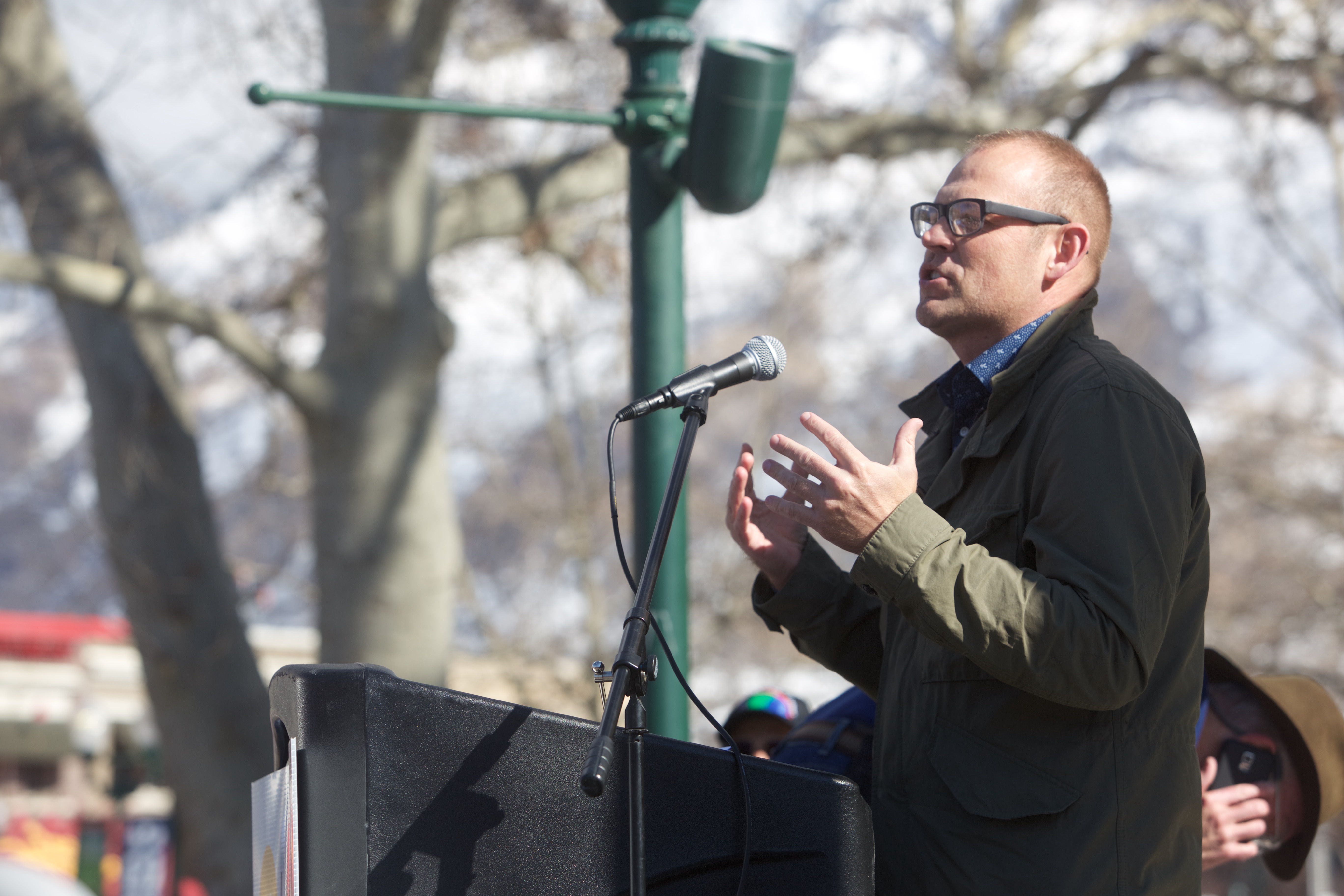 BYU biology professr Zach Aanderud speaks at the first Utah Valley Clean Air Rally. He said there is no such thing as clean fossil fuels fuels. (Gianluca Cuestas)