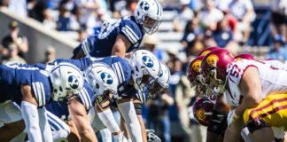 BYU lines up against No. 24 USC on Saturday, Sept. 14, 2019 at LaVell Edwards Stadium. The Cougars went on to stun the Trojans 30-27 in overtime. (BYU Photo)