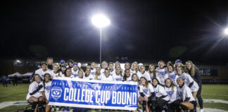 BYU women's soccer celebrates their 4-1 Elite Eight victory over the South Carolina Gamecocks. (BYU Photo)